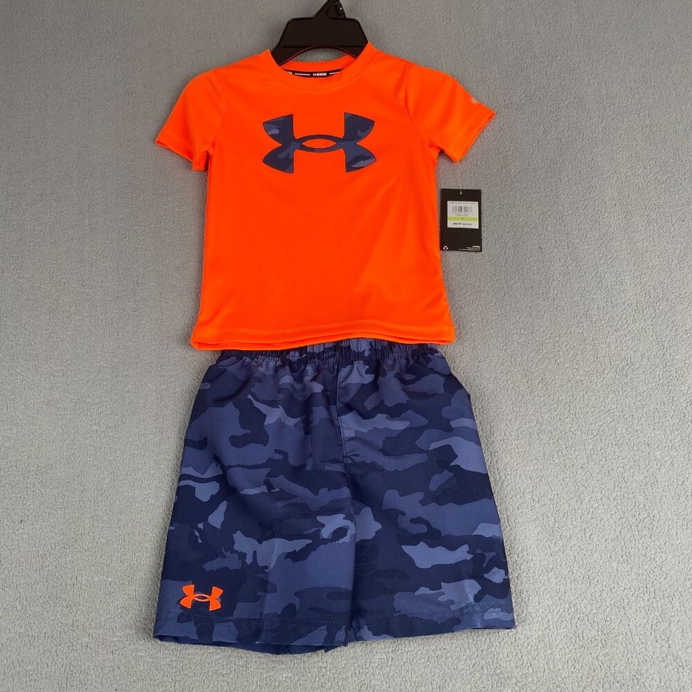 Under Armour Boy’s Size 4 Hyper Woodland Swim Set Shirt Shorts Camo Blue/Orange‎